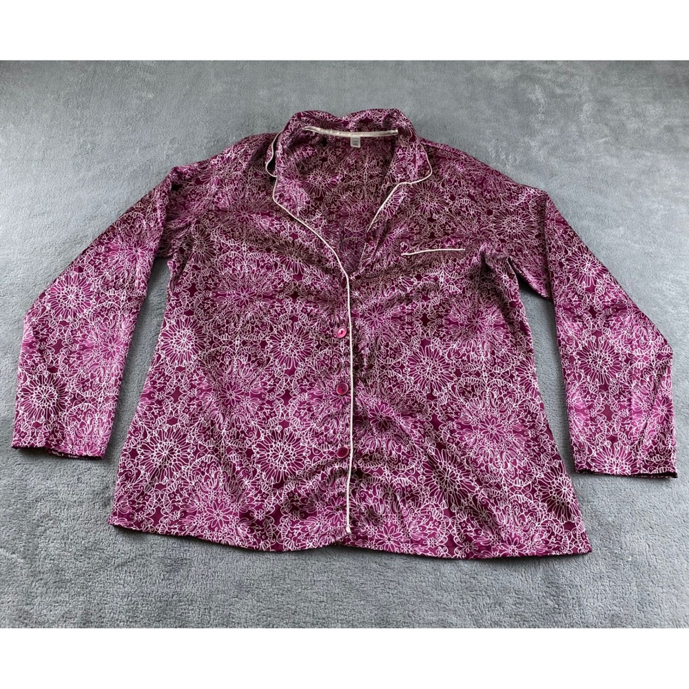 Jaclyn Smith Womens Pajama Top Long Sleeve Button Down Purple Floral Print Large